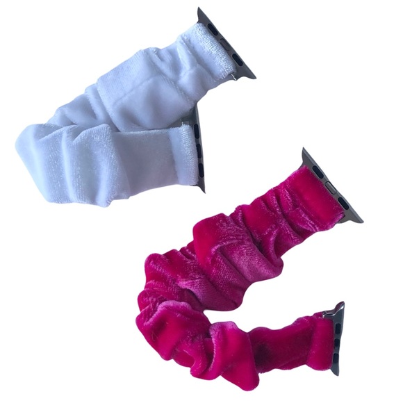 NEW 2 VELVET Scrunchies Bands Apple Watch 42/44/45mm L Pink White Elastic - Picture 4 of 8